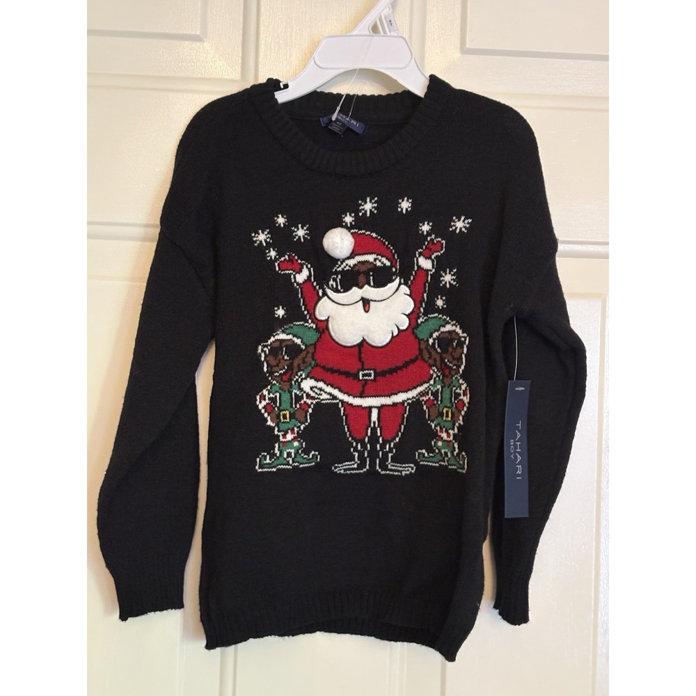 Tahari Boys Cool Santa & Elves Black Christmas Holiday Sweater 4T NWT